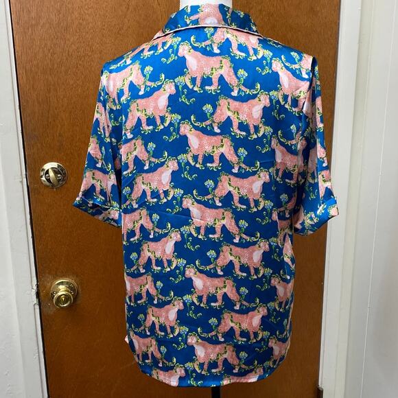 Their Nibs Pajama Top Cheetah Jungle Pocket Pyjama Blouse Asian Inspired V-neck - Picture 2 of 10